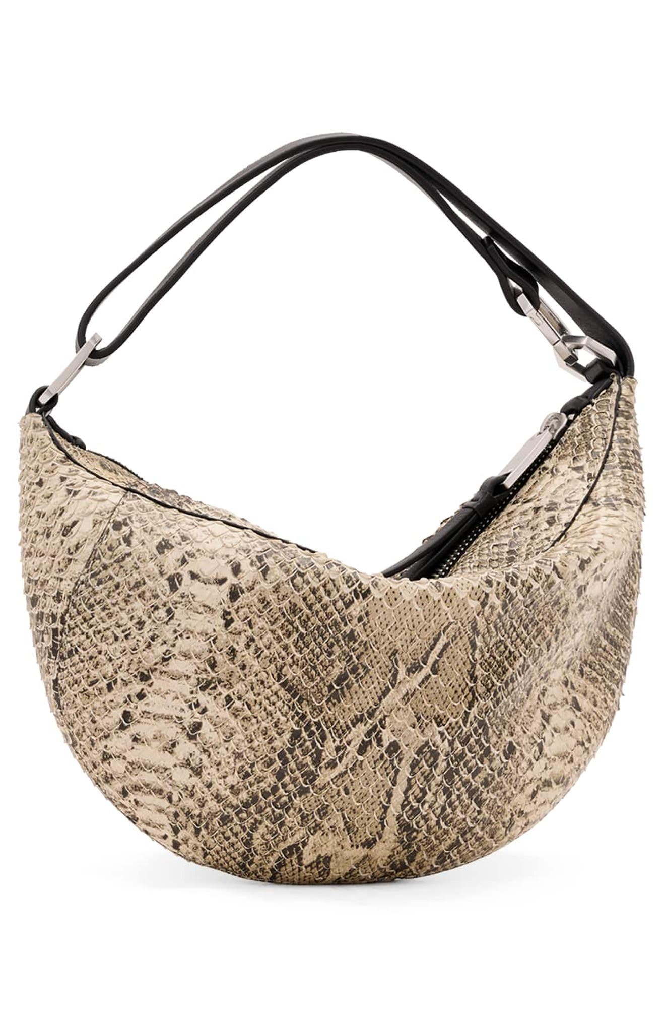 AllSaints Mirco Luna Snakeskin Embossed Leather Shoulder Bag, Alternate, color, Desert White