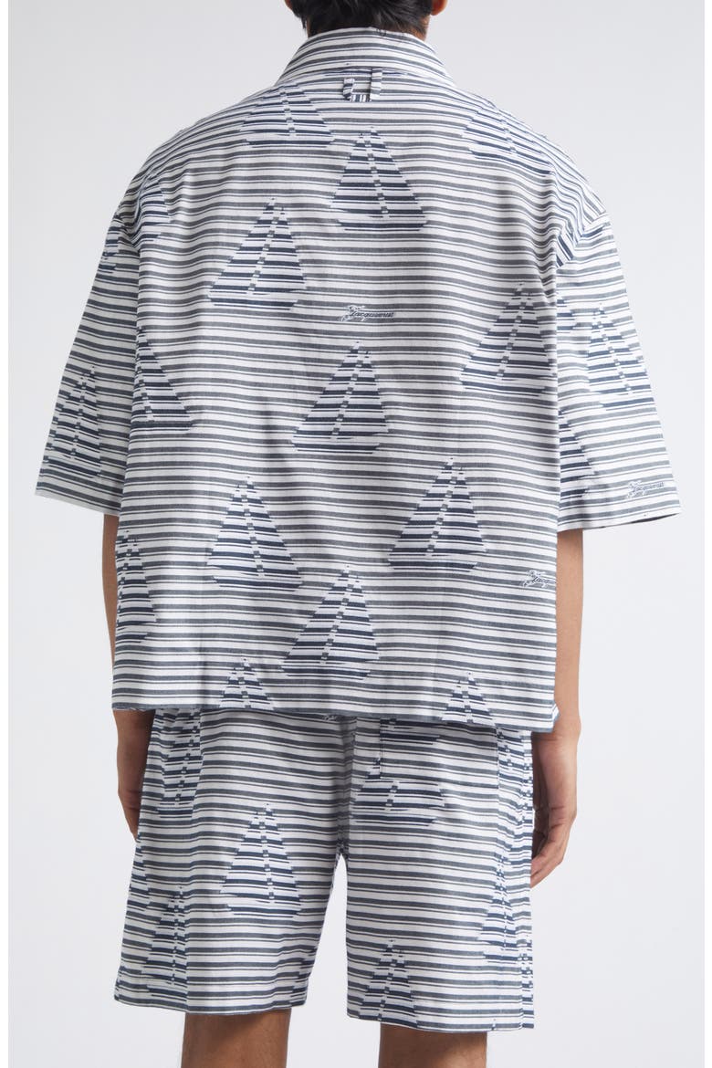 La Plage Stripe Short Sleeve Cotton Jacquard Button-Up Shirt, Alternate, color, JACQUARD BOAT NAVY / WHITE