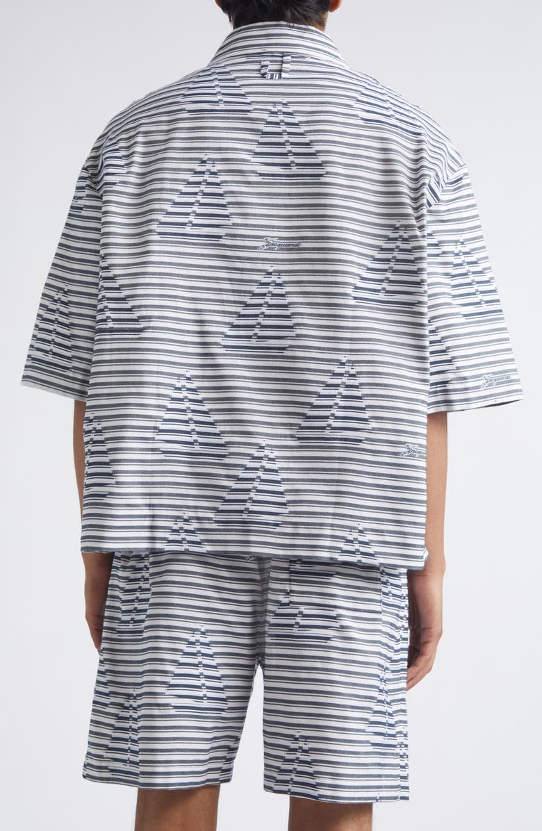 Jacquemus La Plage Stripe Short Sleeve Cotton Jacquard Button-Up Shirt, Alternate, color, Jacquard Boat Navy / White