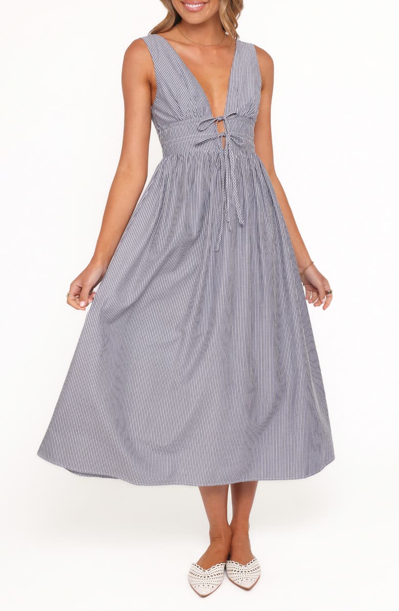 Petal & Pup Annora Pinstripe Cotton Midi Dress, Main, color, Navy Pinstripe