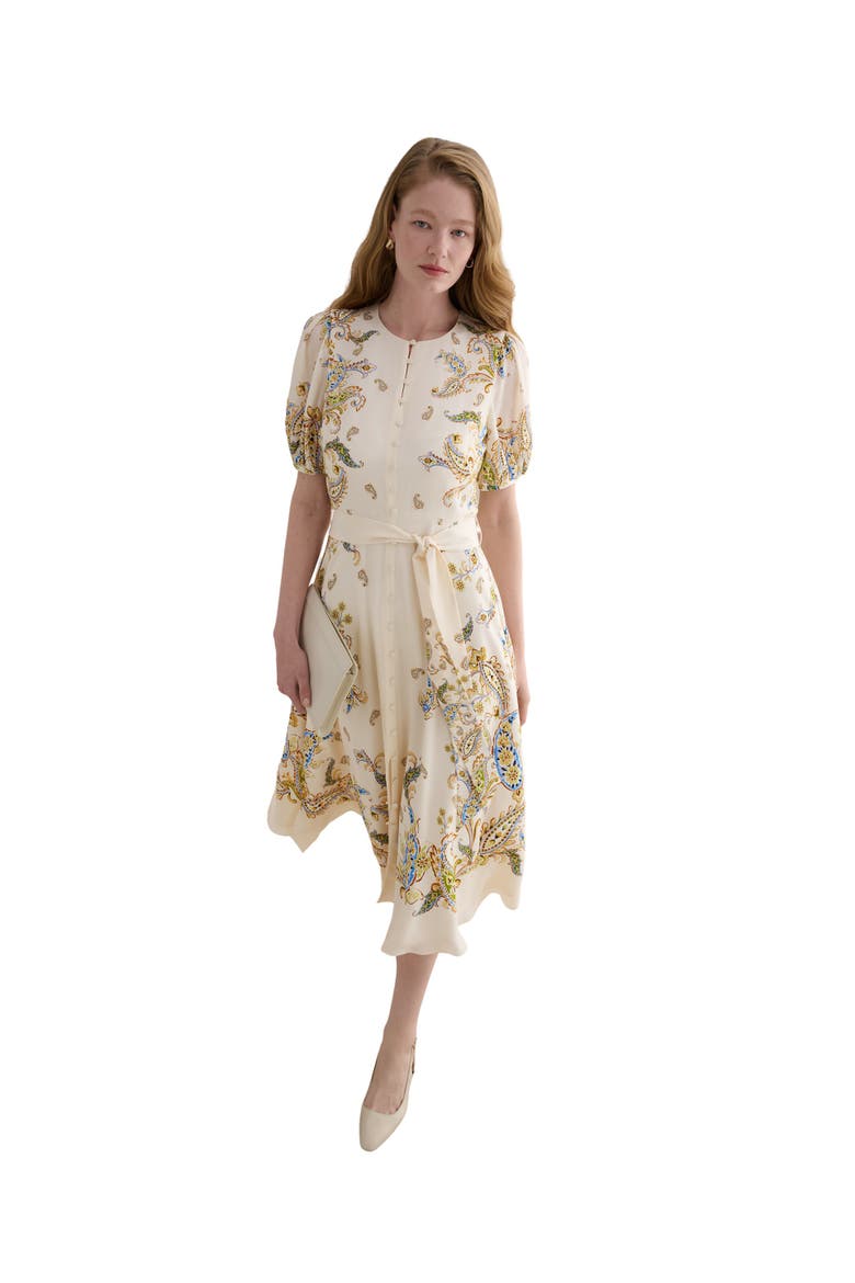 Alma Silk Printed Midi Dress, Main, color, Cream Multi