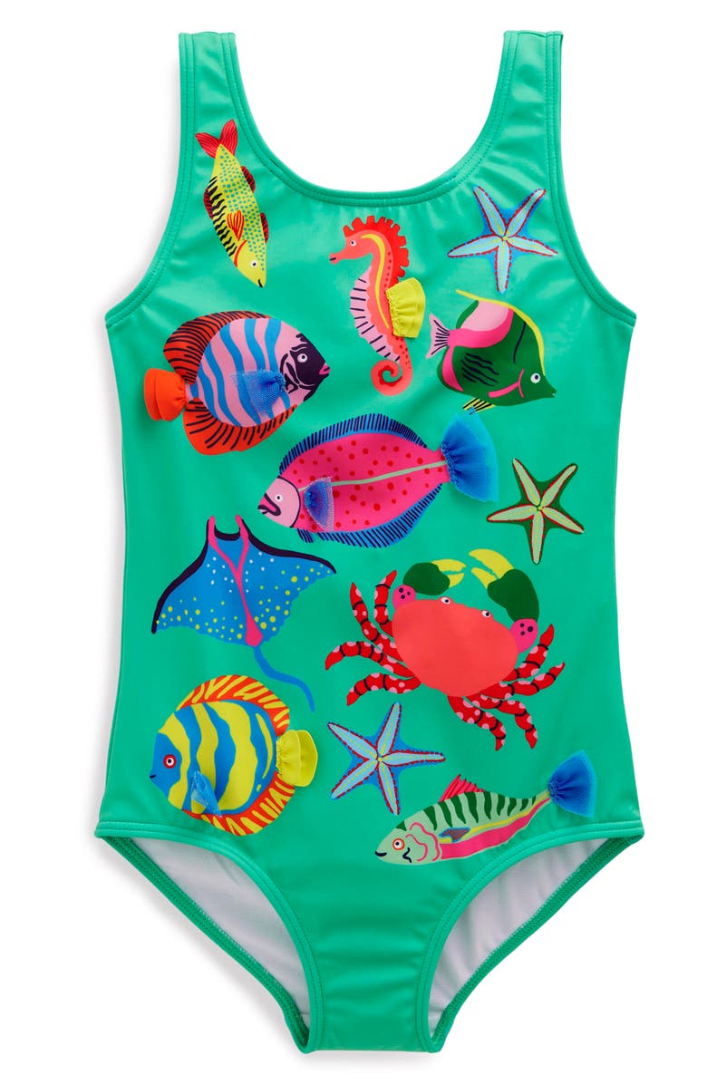 Mini Boden Kids' Appliqué UPF 50+ One-Piece Swimsuit, Main, color, Underwater Aquamarine