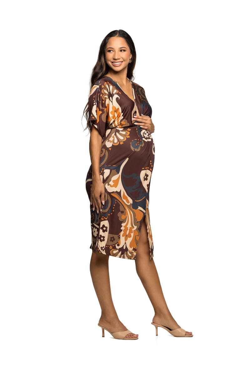 Short Sleeve Knot Front Midi Dress in Paisley Print, Alternate, color, Brown Multi
