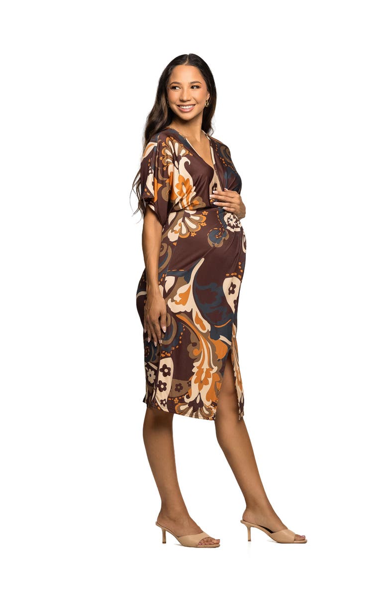 24seven Comfort Apparel Short Sleeve Knot Front Midi Dress in Paisley Print, Alternate, color, Brown Multi
