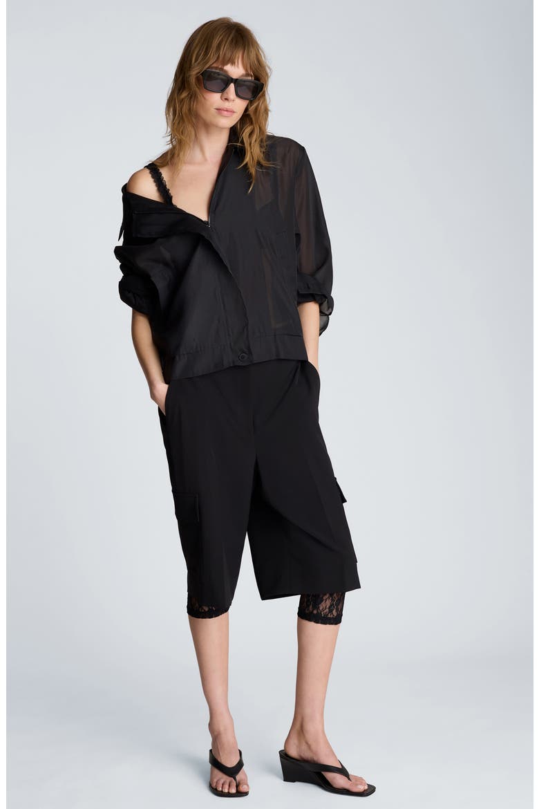Sheer Sleeve Bomber Jacket, Alternate, color, BLACK