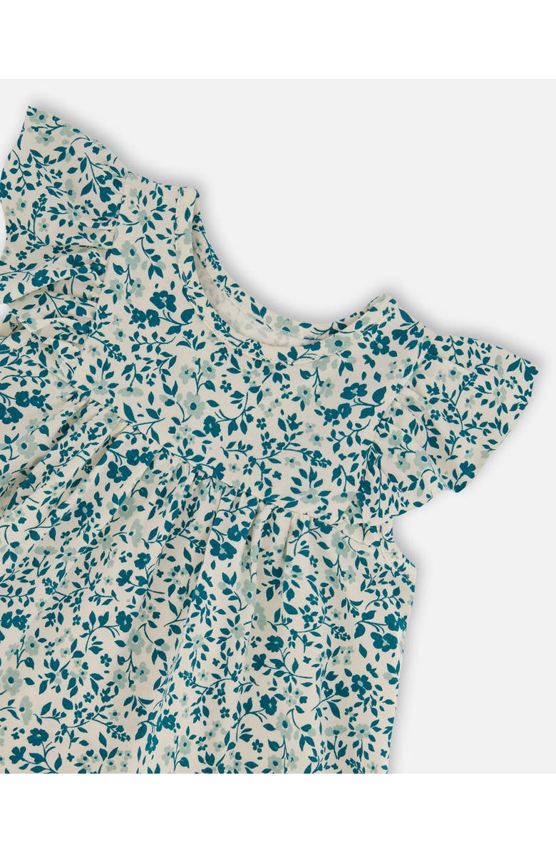 Deux par Deux Girl's Printed Organic Cotton Dress Small Turquoise Flowers, Alternate, color, 