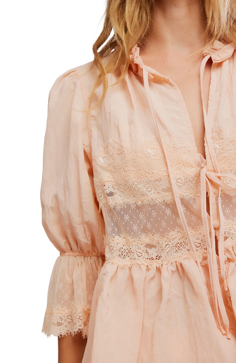 Free People Forever Young Lace Accent Tie Front Top, Alternate, color, Peach Pit