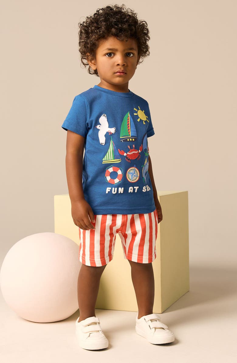 NEXT Kids' Seaside Appliqué Graphic T-Shirt & Stripe Shorts Set, Alternate, color,