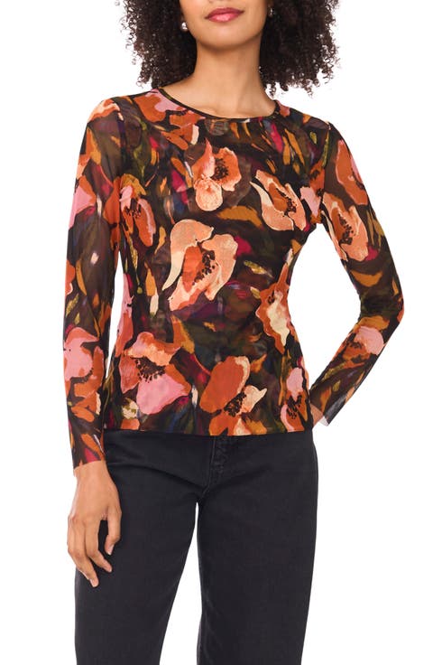 Floral Long Sleeve Mesh Top