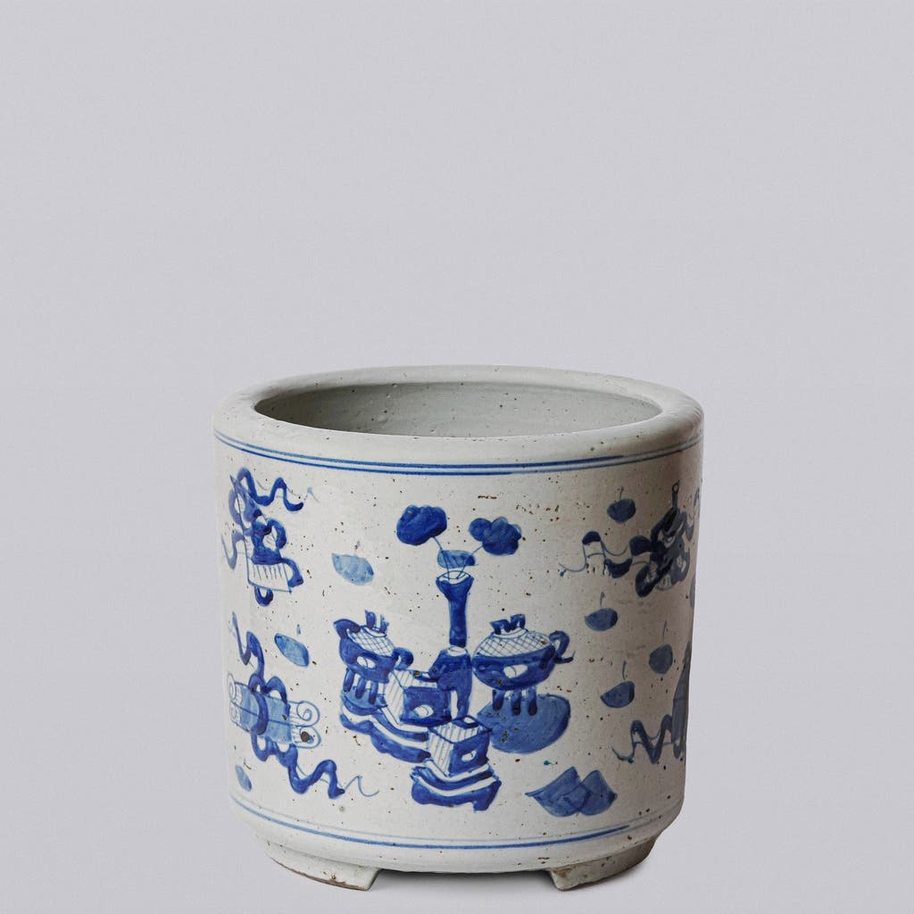Cobalt Guild Blue And White Porcelain Treasures Footed Cachepot In Blue