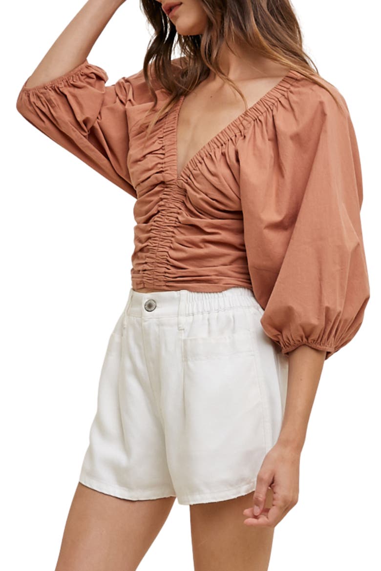 Ruched Puff Sleeve Cotton Top, Alternate, color, CLAY