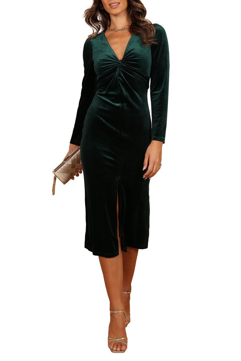 Lisse Twist Front Long Sleeve Velvet Cocktail Dress, Main, color, EMERALD