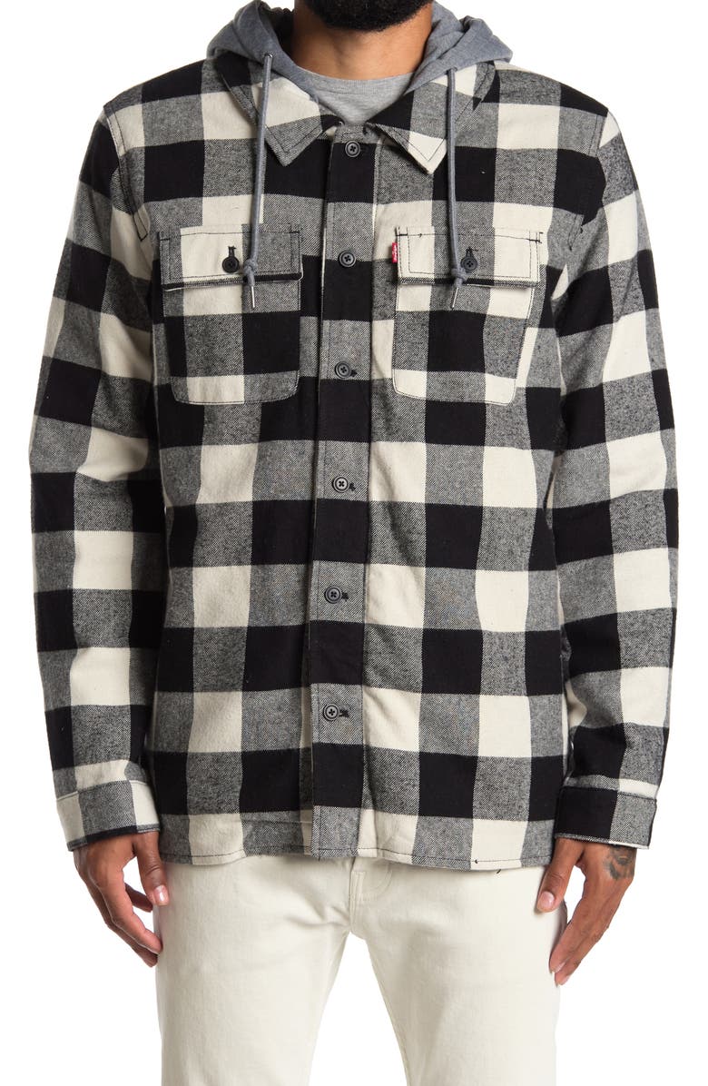 Levi's Plaid Faux Shearling Lined Jersey Hood Shirt Jacket, Alternate, color, Black/White Buffalo Check