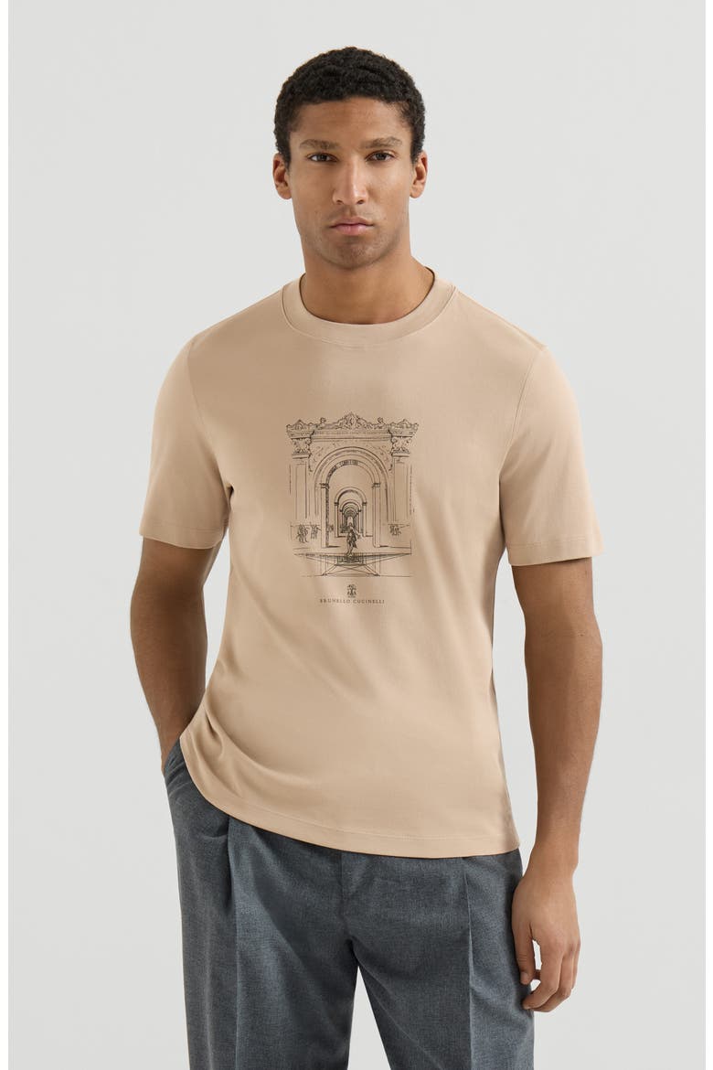 Cotton interlock crew neck T-shirt with print, Main, color, Beige