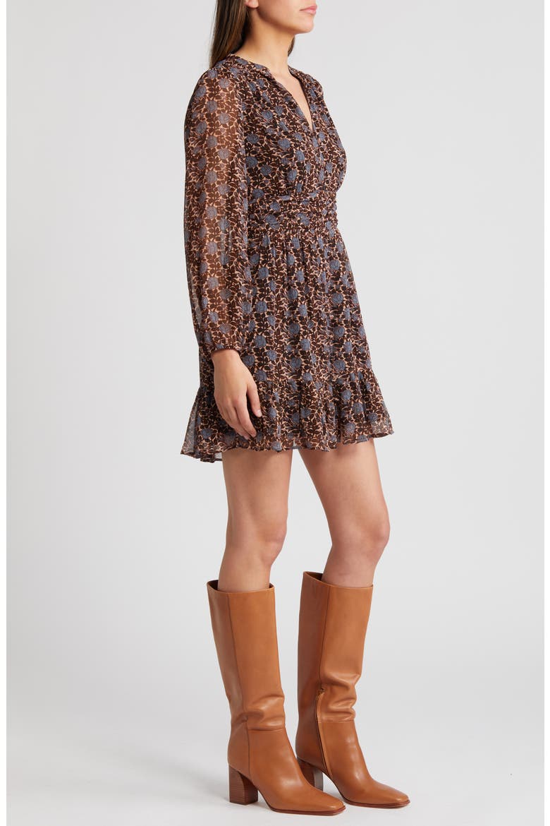 Saunter Long Sleeve Crinkle Silk Dress, Alternate, color, CREAM/ BLUE ICE