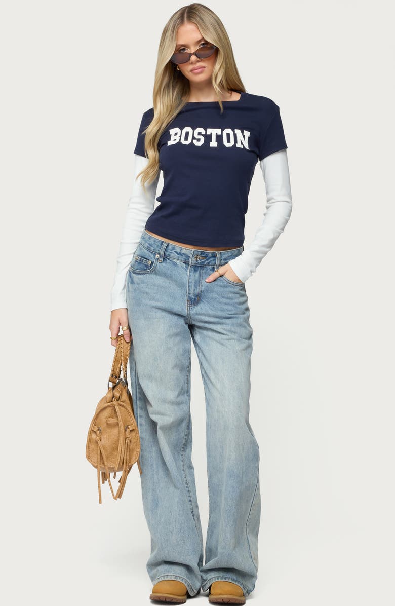 EDIKTED Boston Layered Long Sleeve T-Shirt, Alternate, color, Navy-And-Cream