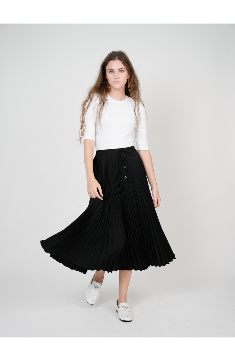 Viva K Accordion Pleated Elastic Waist Tie Front Midi Skirt, Alternate, color, Black