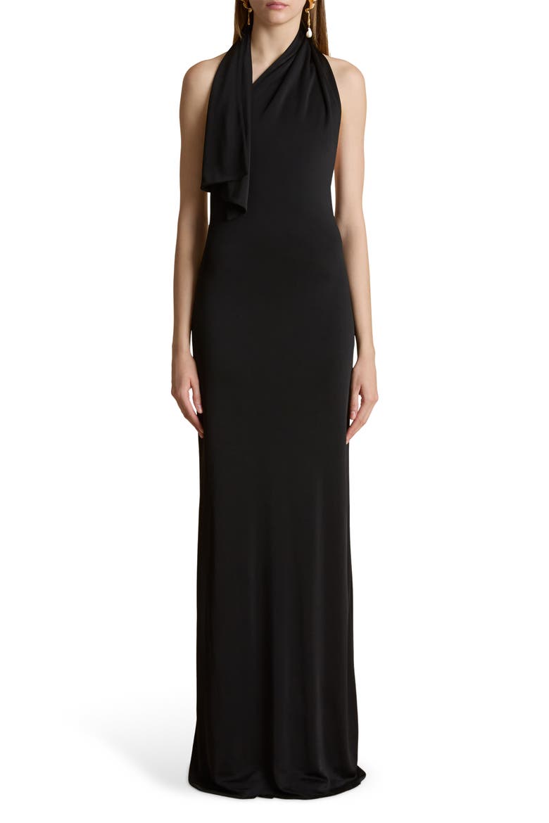Roza Scarf Detail Jersey Gown, Main, color, BLACK