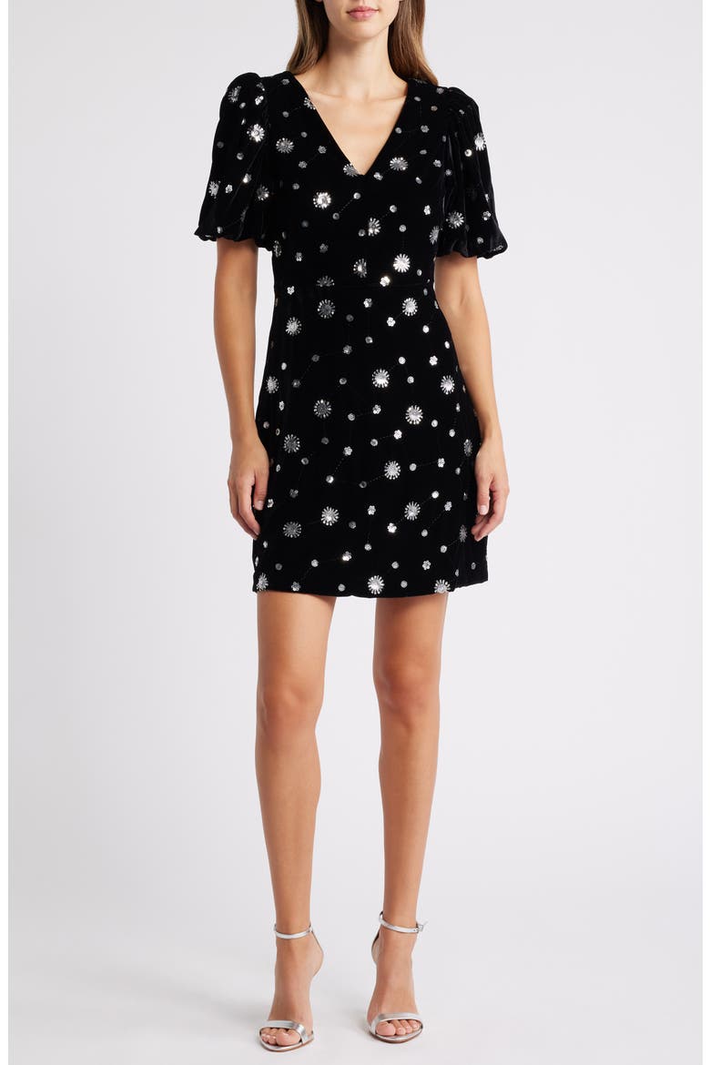 V-Neck Puff Sleeve Cocktail Dress, Main, color, BLACK