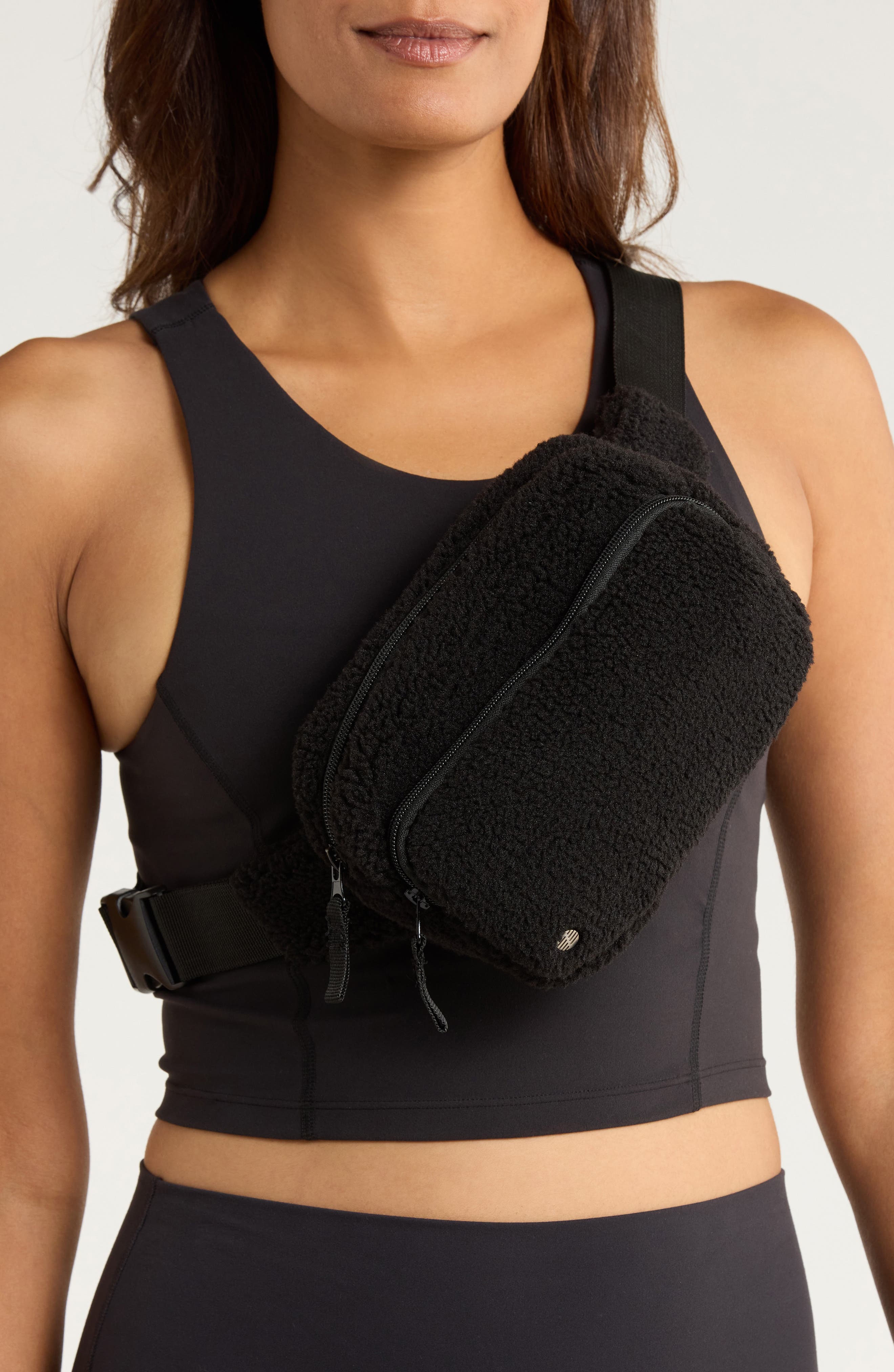 Z by Zella Faux Shearling Belt Bag, Alternate, color, Black