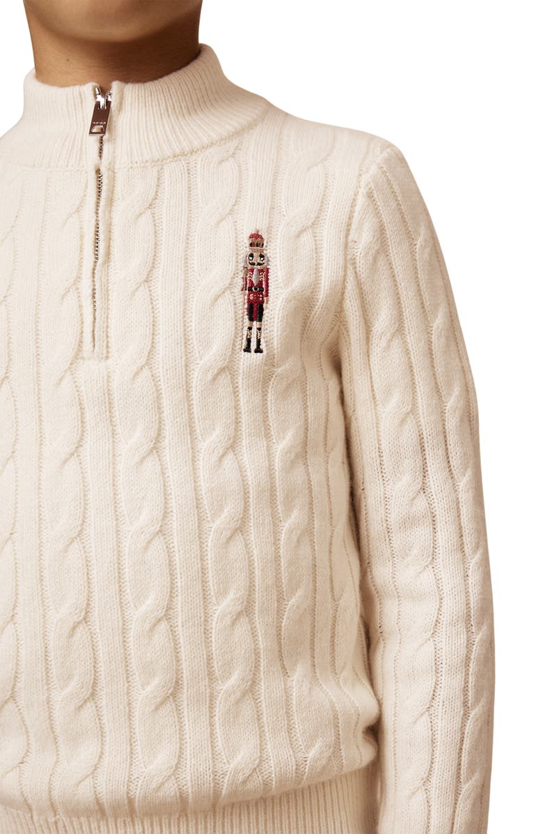 Reiss Kids' Nollaig Embroidered Nutcracker Cabled Quarter Zip Sweater, Alternate, color, Off White
