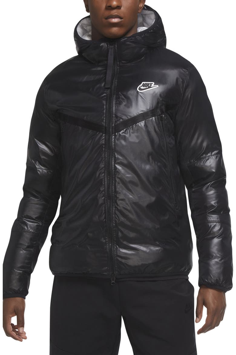 Sportswear Windrunner Repel Hooded Puffer Jacket, Main, color, BLACK/ WHITE/ BLACK/ BLACK