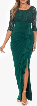 Betsy & Adam Metallic Lace & Chiffon Gown