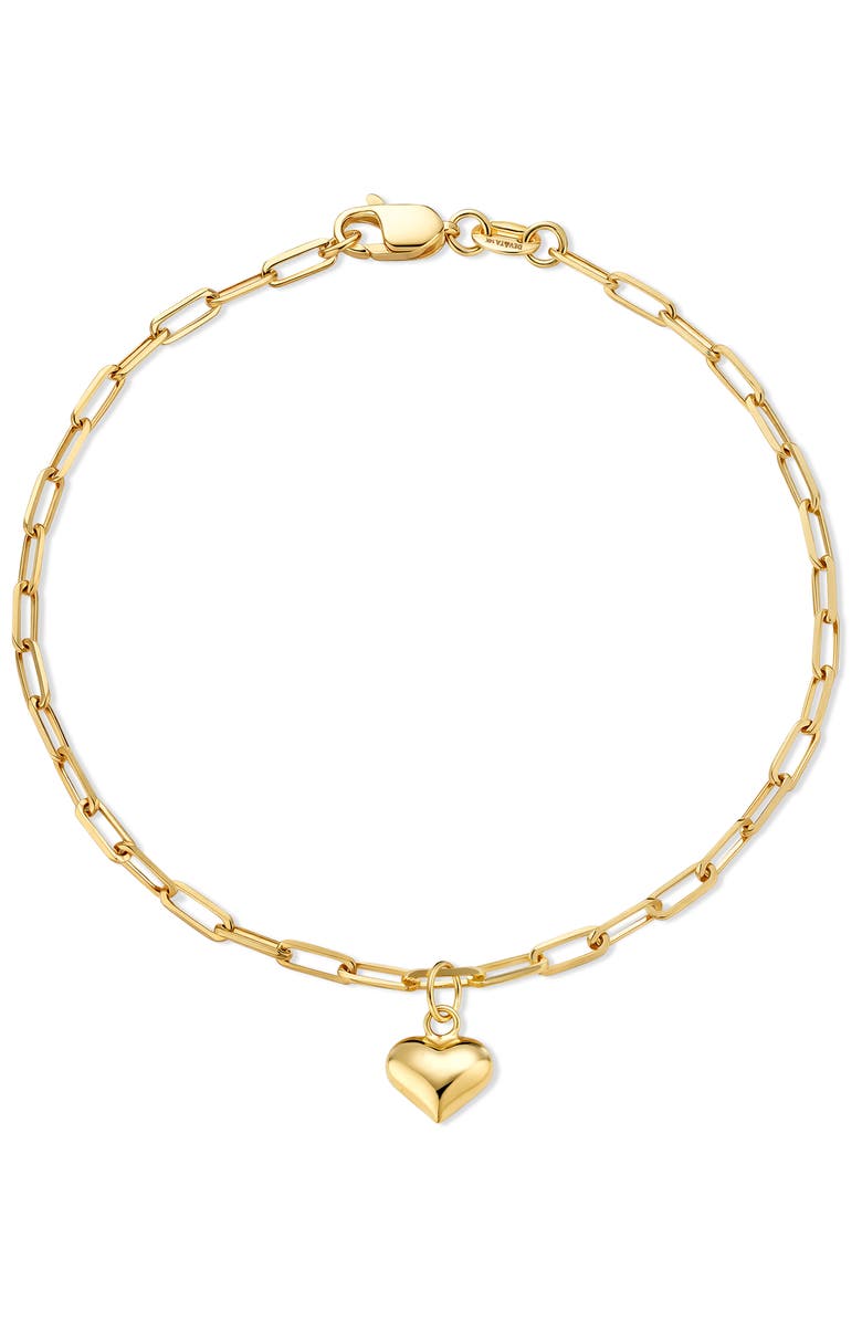 DEVATA Heart Charm Paperclip Chain Bracelet in 14K Gold, Main, color, Yellow Gold