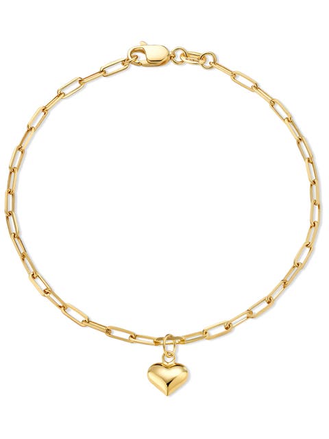 Heart Charm Paperclip Chain Bracelet in 14K Gold