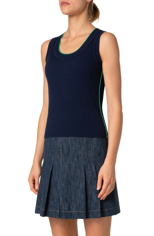 Akris Punto Piped Scoop Neck Virgin Merino Wool Rib Sweater Tank In Navy-sea Green
