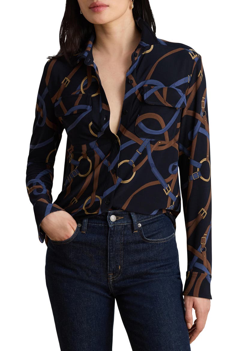 Classic Chain Print Stretch Jersey Knit Button-Up Shirt, Main, color, NAVY BLUE/ MULTI