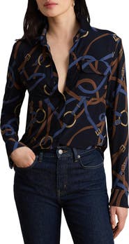Lauren Ralph Lauren Classic Chain Print Stretch Jersey Knit Button-Up Shirt