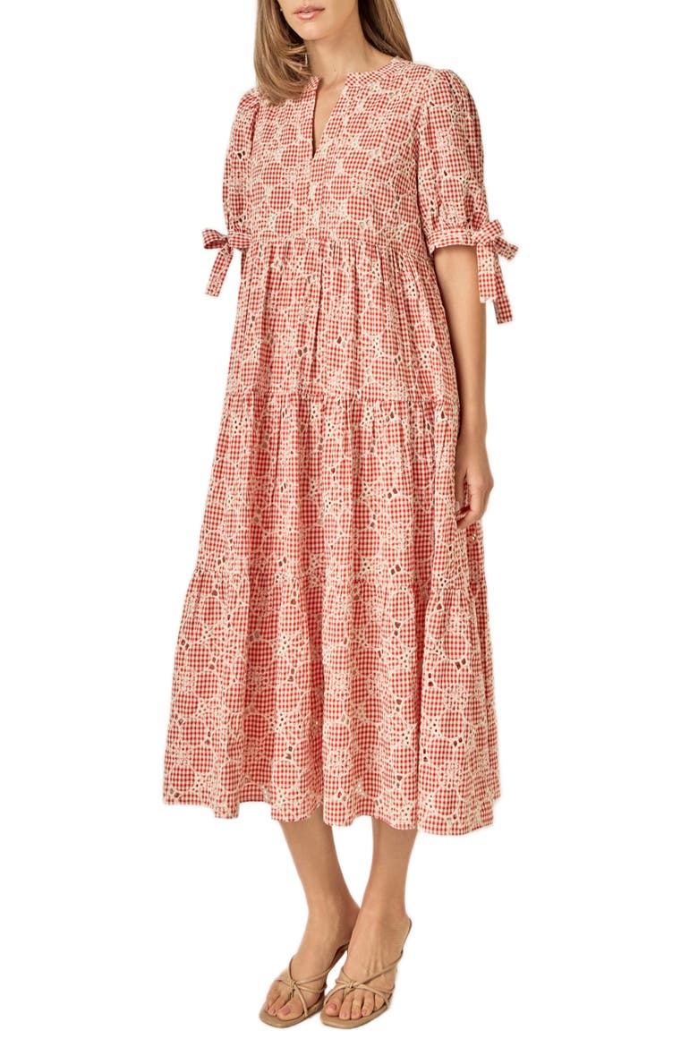 Embroidered Midi Dress, Alternate, color, RED/ CREAM