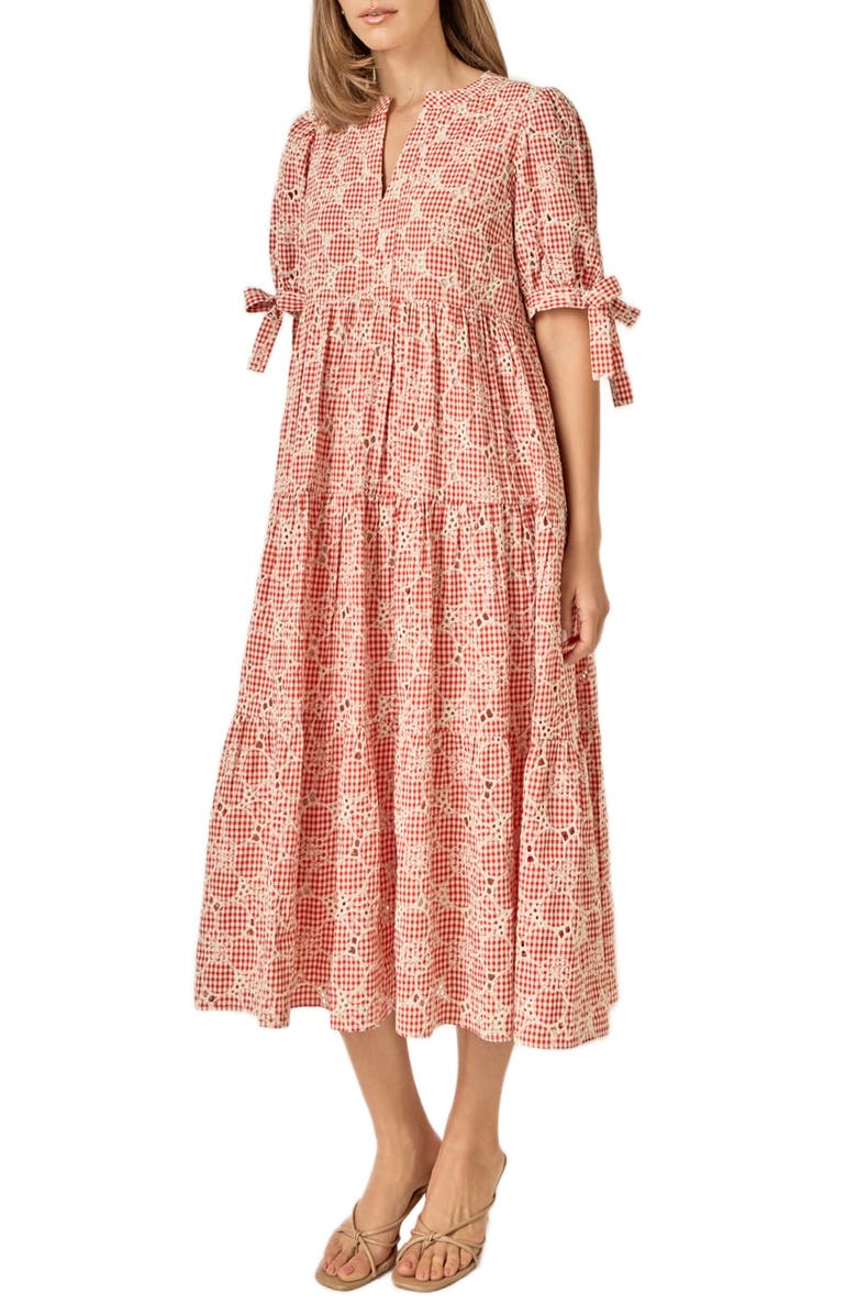 English Factory Embroidered Midi Dress, Alternate, color, Red/ Cream