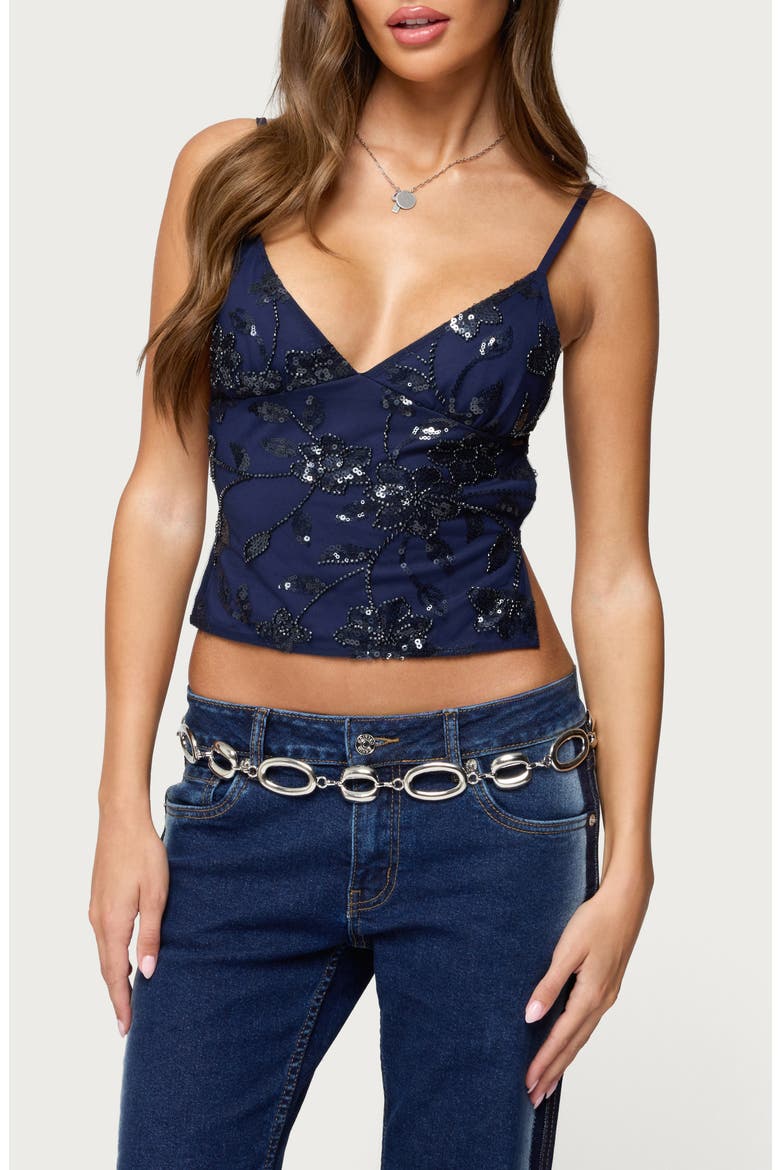 Pia Sequin Flower Open Back Camisole, Main, color, NAVY
