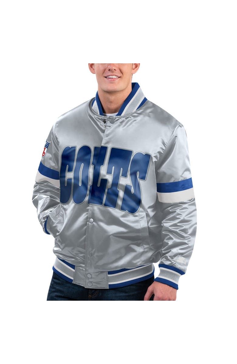 STARTER Men's Starter Gray Indianapolis Colts Gridiron Classics Home Game Satin Full-Snap Varsity Jacket, Alternate, color, Gray
