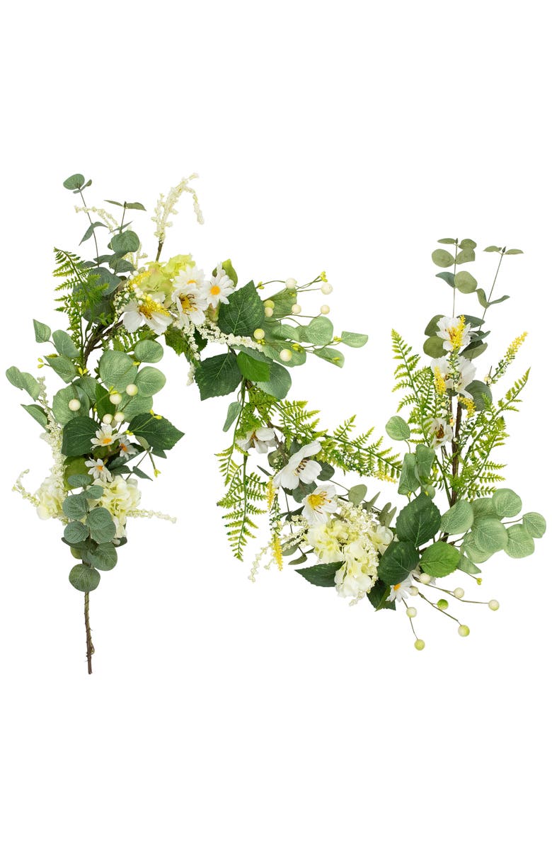 Northlight Hydrangea and Eucalyptus Artificial Floral Spring Garland - 5', Alternate, color, White