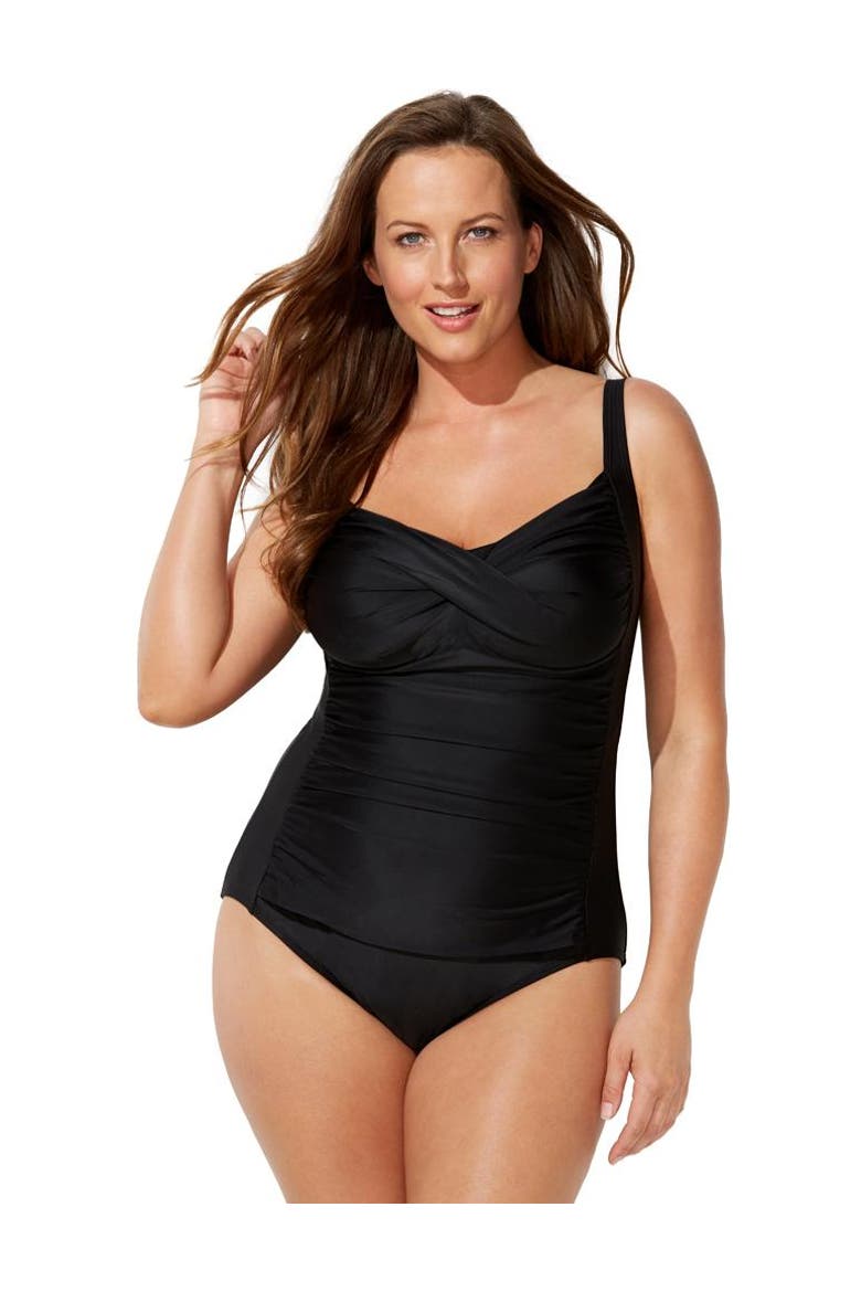 Ruched Twist Front One Piece Swimsuit, Main, color, Black