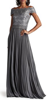 Tadashi Shoji Sequin Bodice Short Sleeve Gown