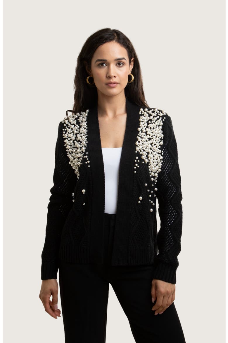Faux Pearl Open Knit Cardigan, Alternate, color, BLACK