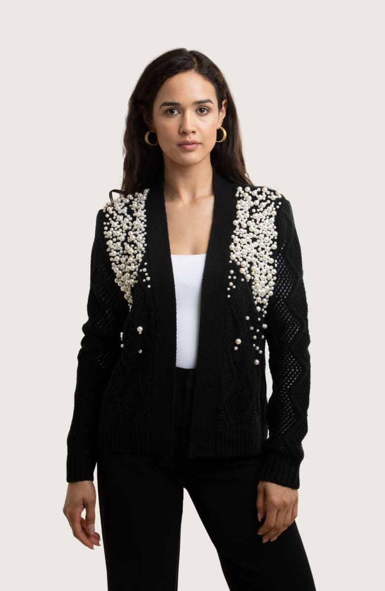 SAACHI Faux Pearl Open Knit Cardigan, Alternate, color, Black
