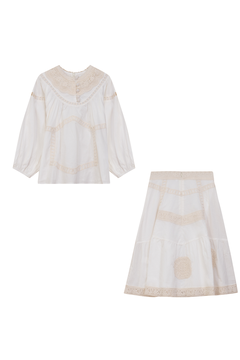 Cotton Lace 3/4 Sleeved Top and Skirt, Main, color, Off White