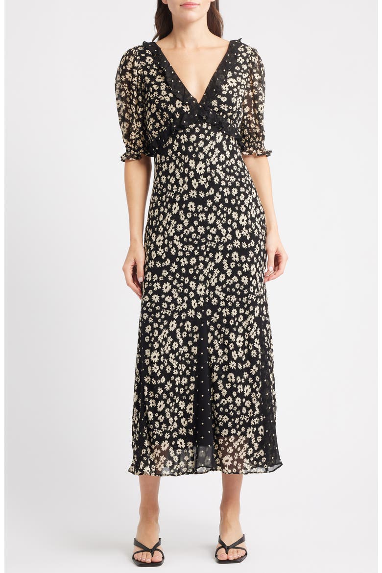 Annmarie Floral Ruffle Trim Maxi Dress, Main, color, DAISY DOT COMBO