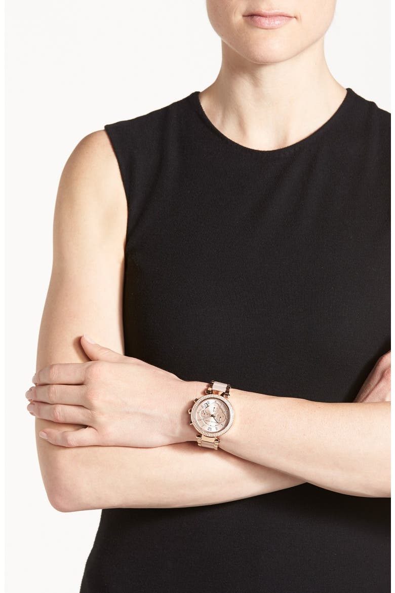 'Parker' Blush Acetate Link Chronograph Watch, 39mm, Alternate, color, ROSE GOLD