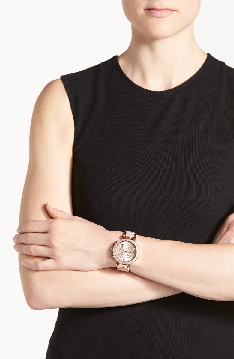 MICHAEL Michael Kors Michael Kors 'Parker' Blush Acetate Link Chronograph Watch, 39mm, Alternate, color, Rose Gold