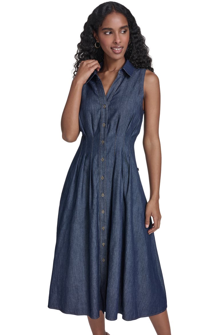 Sleeveless Cotton Blend Chambray Shirtdress, Alternate, color, DARK WASH