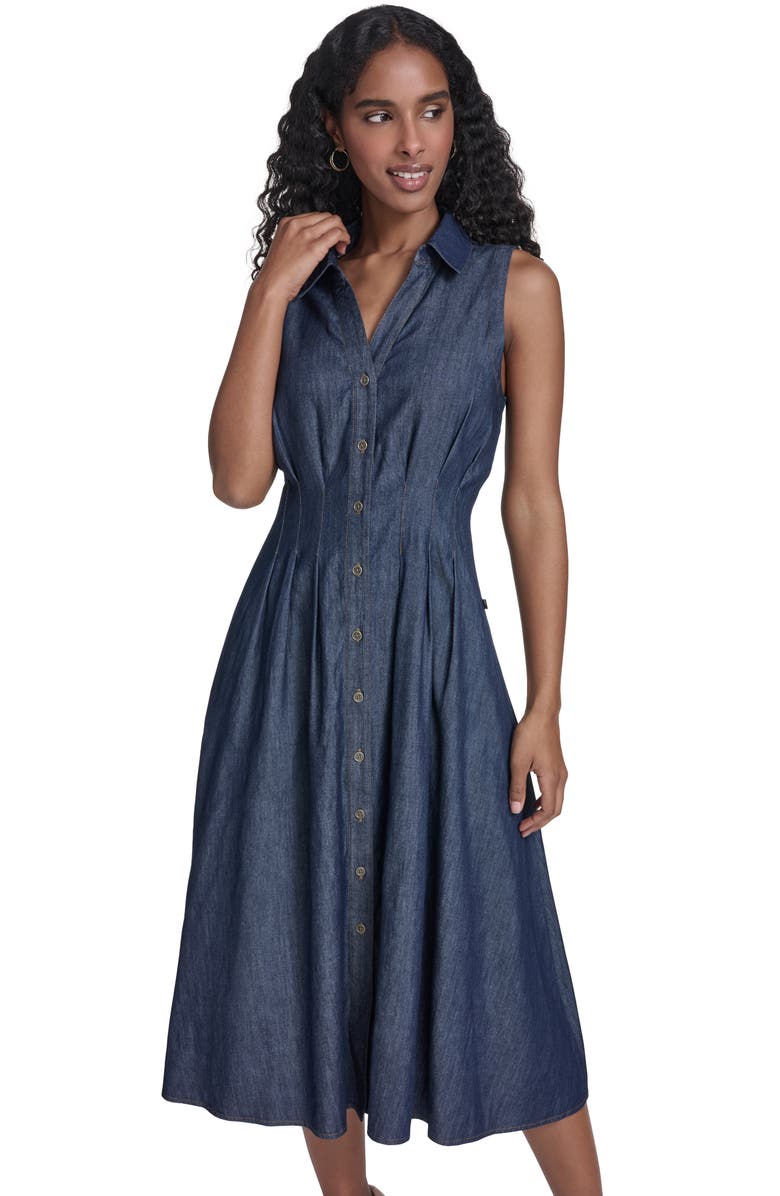 Tommy Hilfiger Sleeveless Cotton Blend Chambray Shirtdress, Alternate, color, Dark Wash