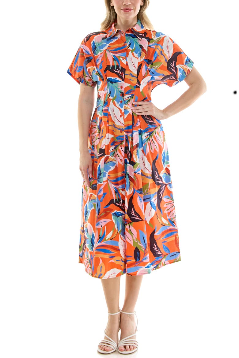 Pintuck Waist Midi Shirtdress, Alternate, color, ORANGE PRINT
