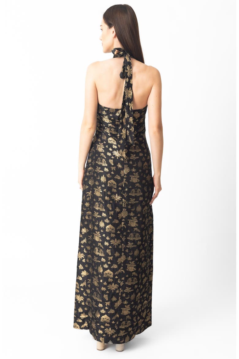Leontine Halter Brocade Gown, Alternate, color, Black