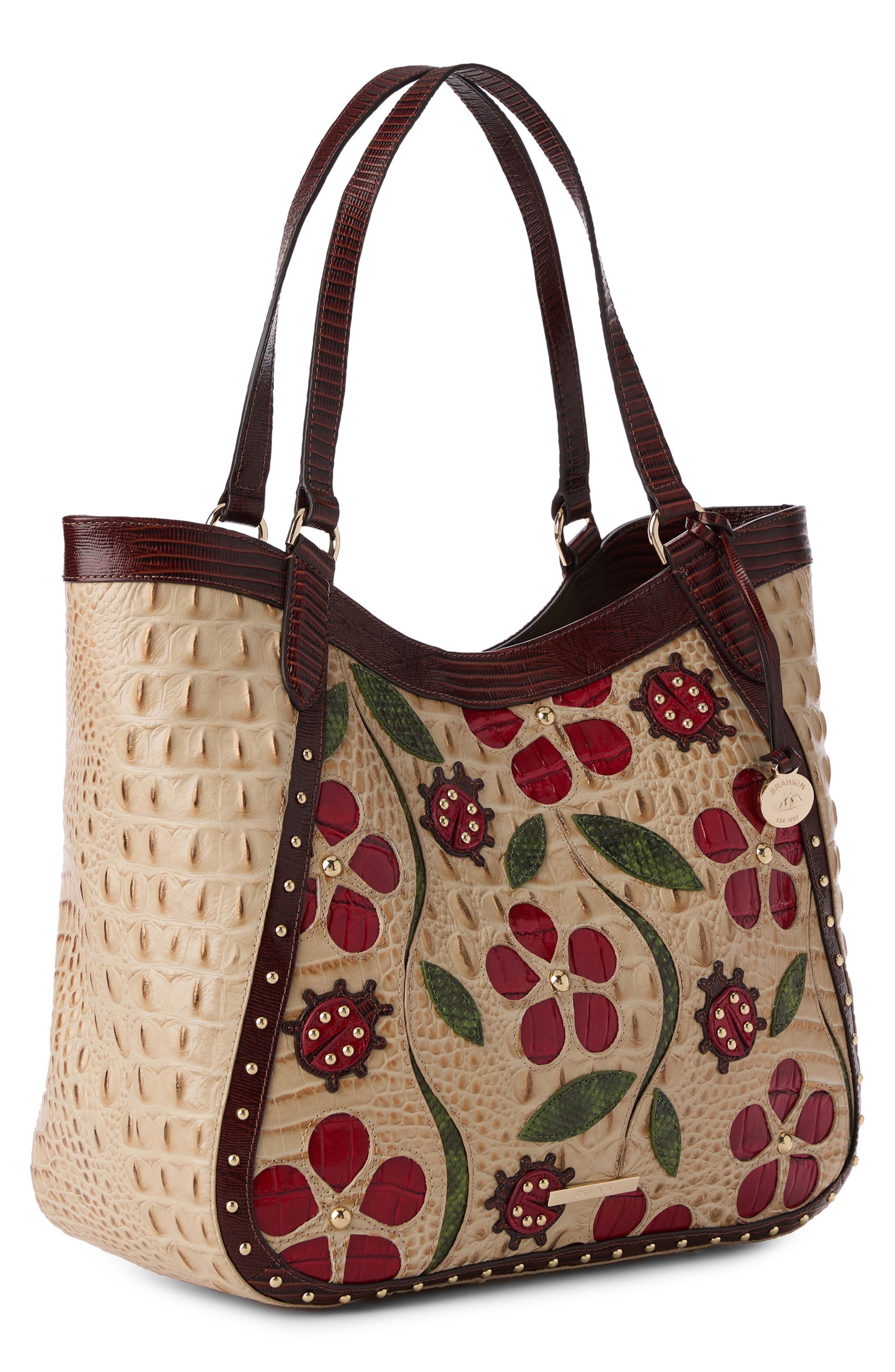 Brahmin Aliza Floral Appliqué Croc Embossed Leather Tote, Alternate, color, 